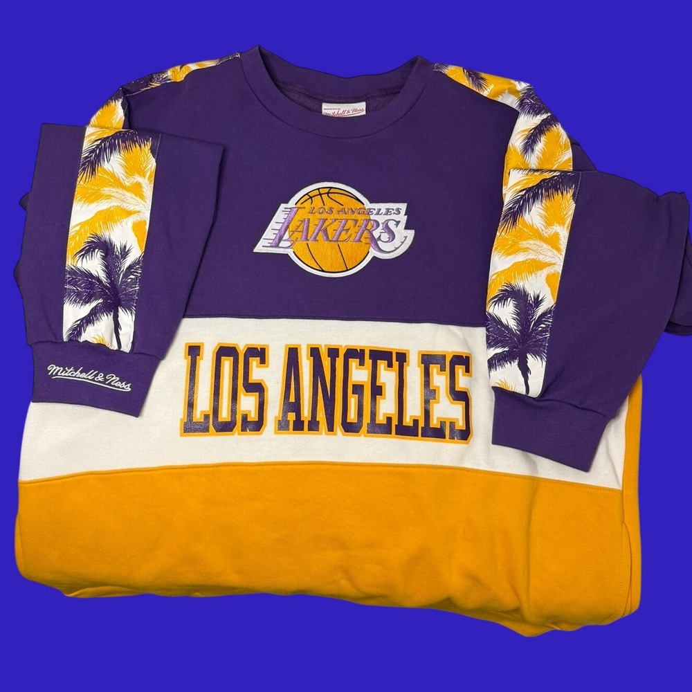 Mitchell & Ness Los Angeles Lakers Crewneck Sweatshirt XL Purple Gold Palm Tree